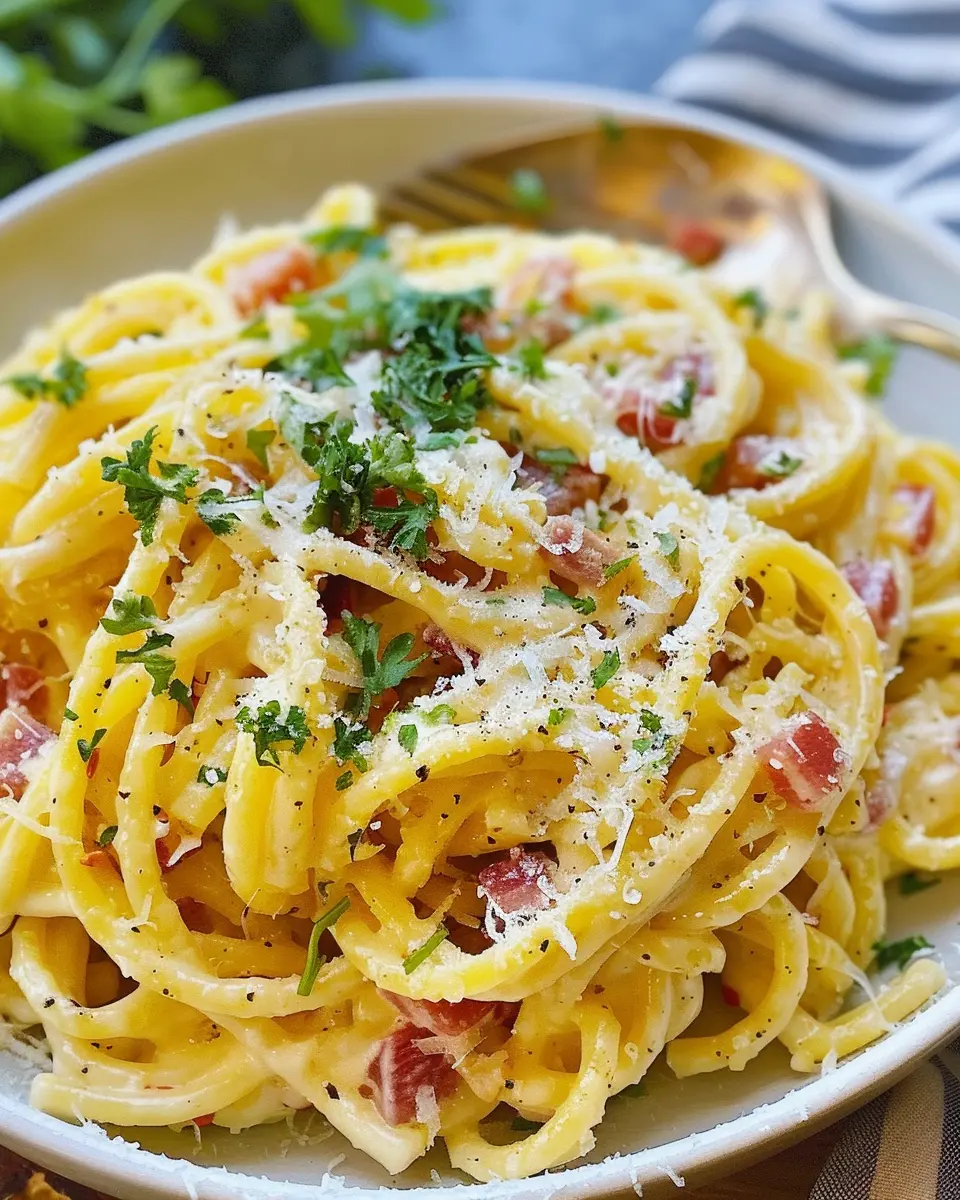 Our bucatini carbonara recipe with turkey bacon and chicken ham