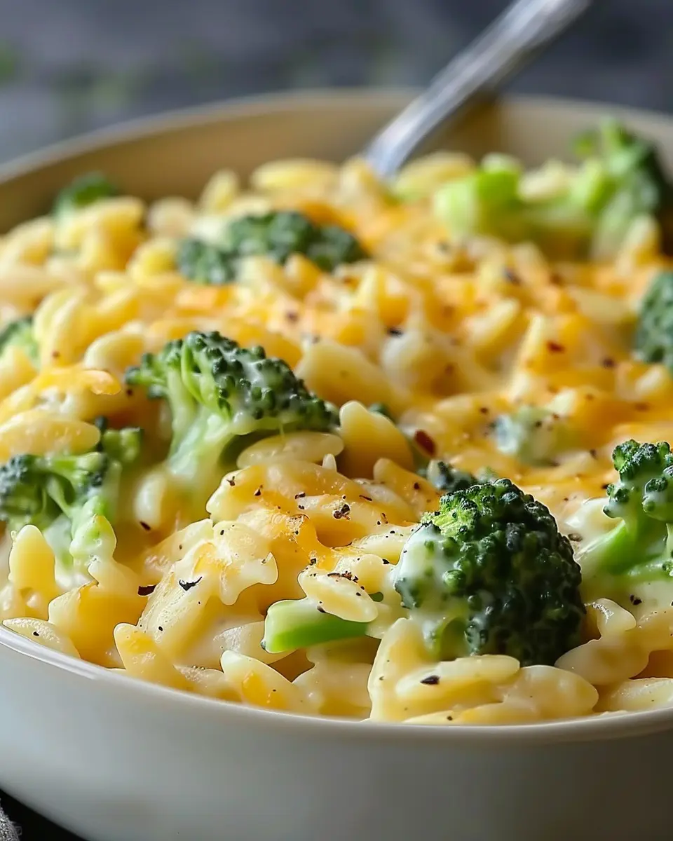 Creamy One-Pot Broccoli Cheddar Orzo with Turkey Bacon Delight