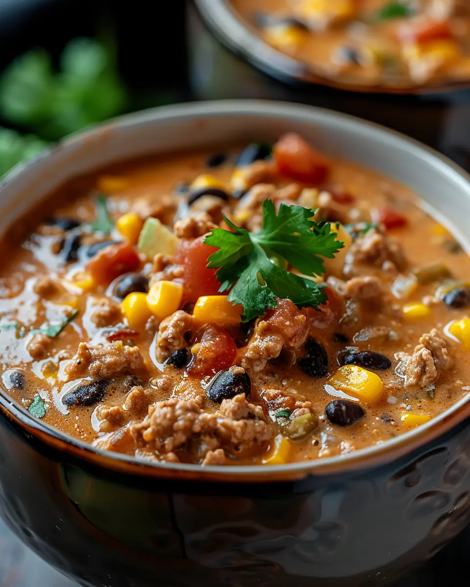 High Protein Creamy Taco Soup with Turkey Bacon and Chicken Ham