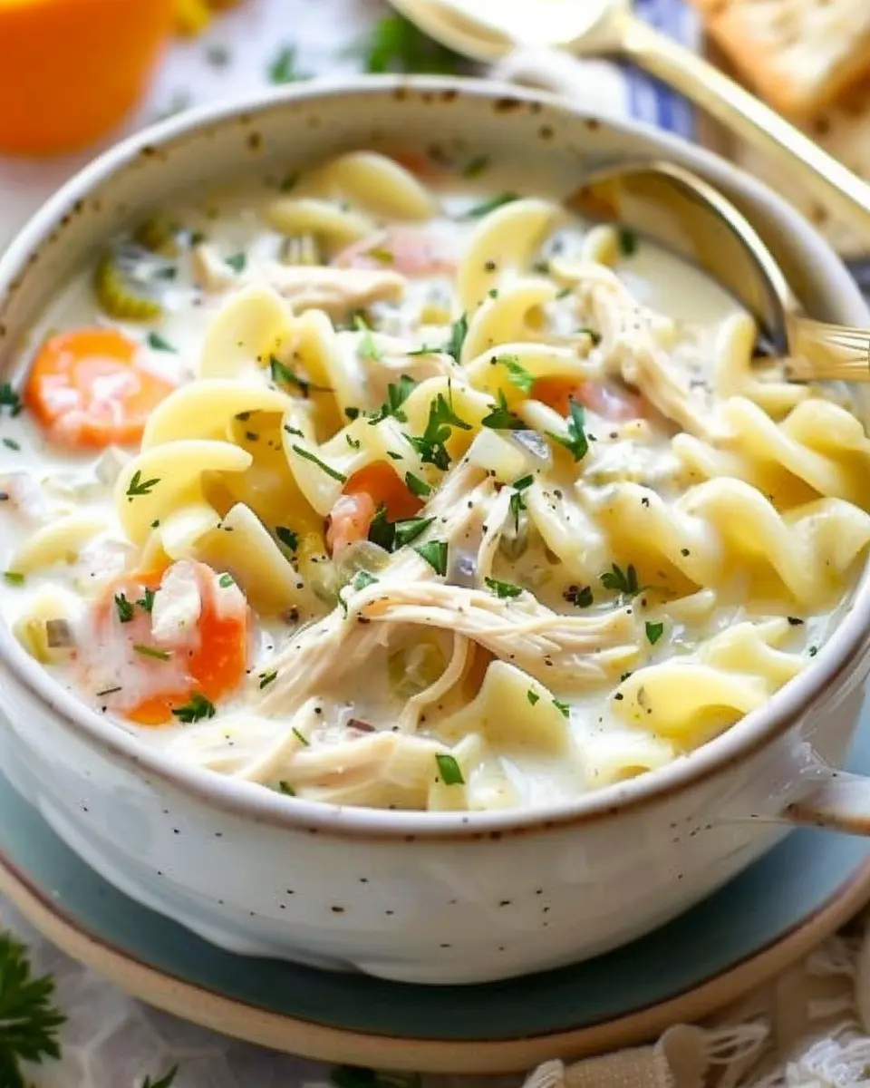 Creamy Chicken Noodle Soup with a Twist of Turkey Bacon Delight