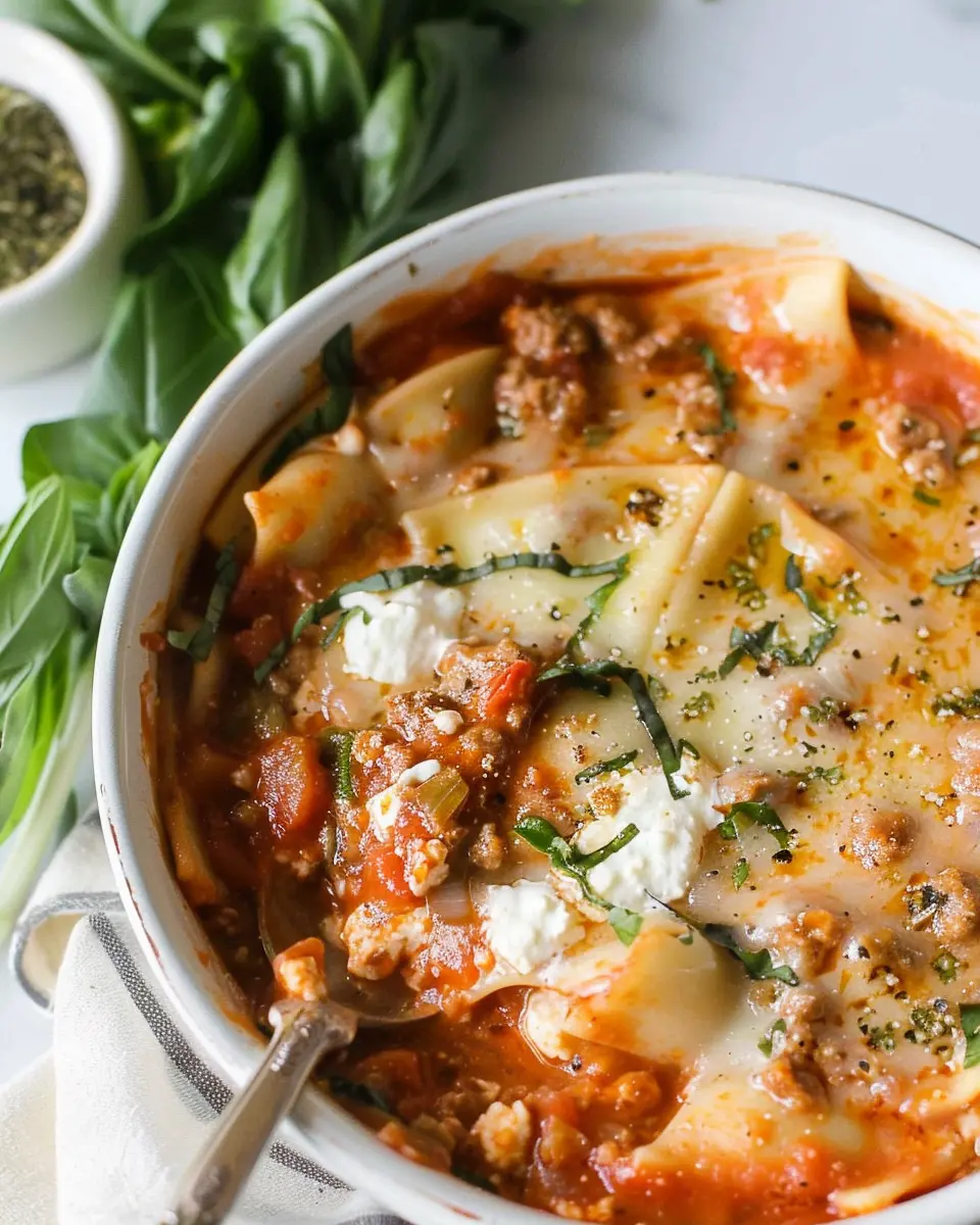 Easy Creamy Lasagna Soup with Turkey Bacon and Chicken Ham Delight
