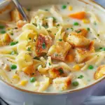 Creamy chicken noodle soup with mini croutons