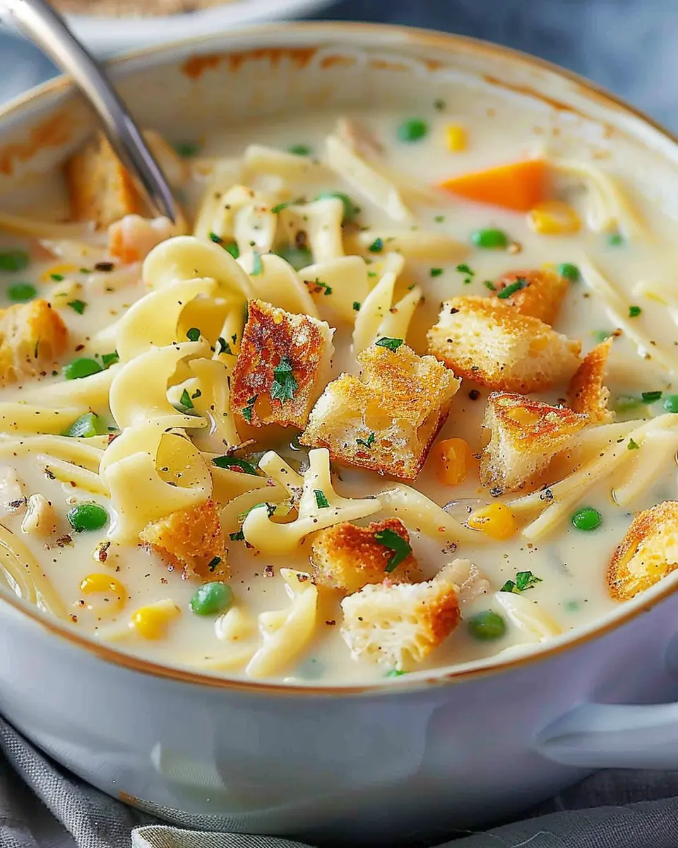 Creamy chicken noodle soup with mini croutons: The cozy comfort food you crave