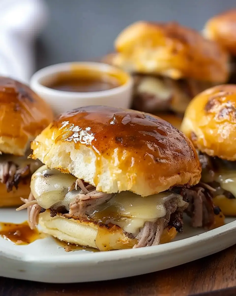 French Dip Sliders: Juicy Turkey Bacon and Chicken Ham Goodness