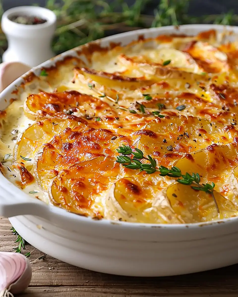 Potatoes Au Gratin with Roasted Garlic and Turkey Bacon Bliss