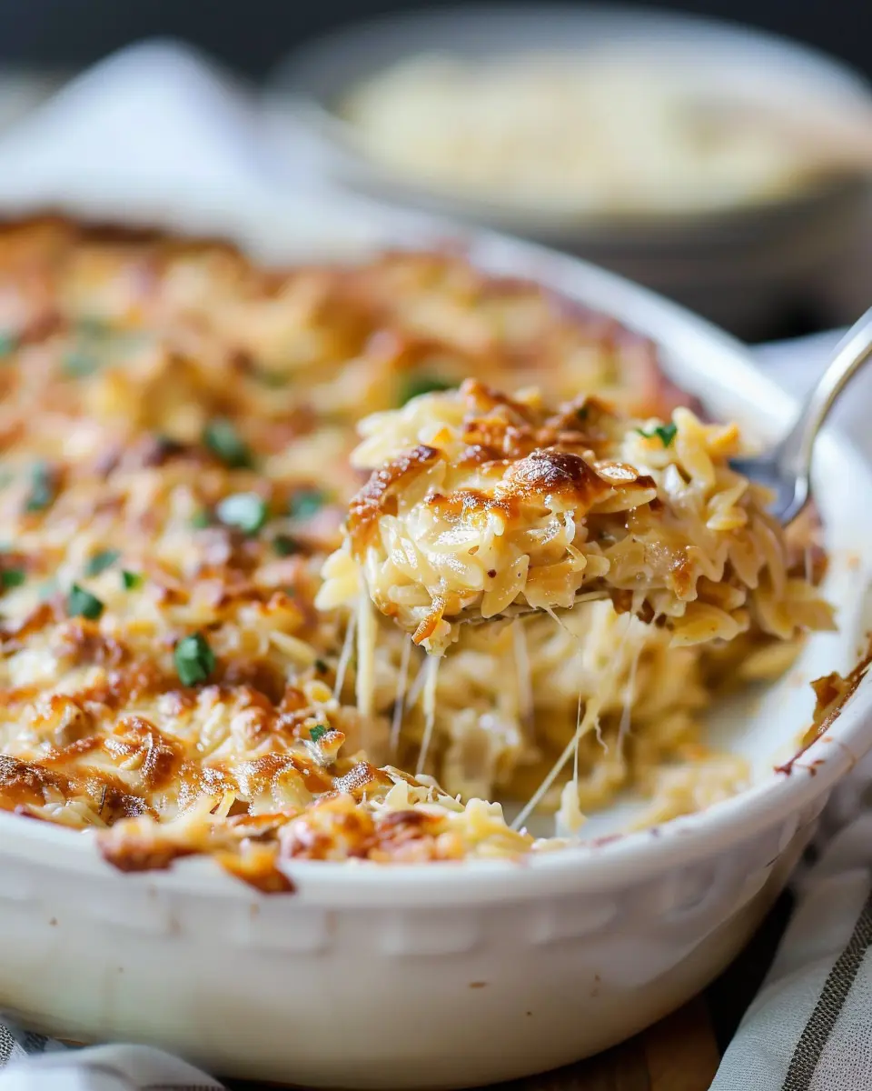 French Onion Orzo Bake: Easy Comfort Food with Turkey Bacon and Chicken Ham
