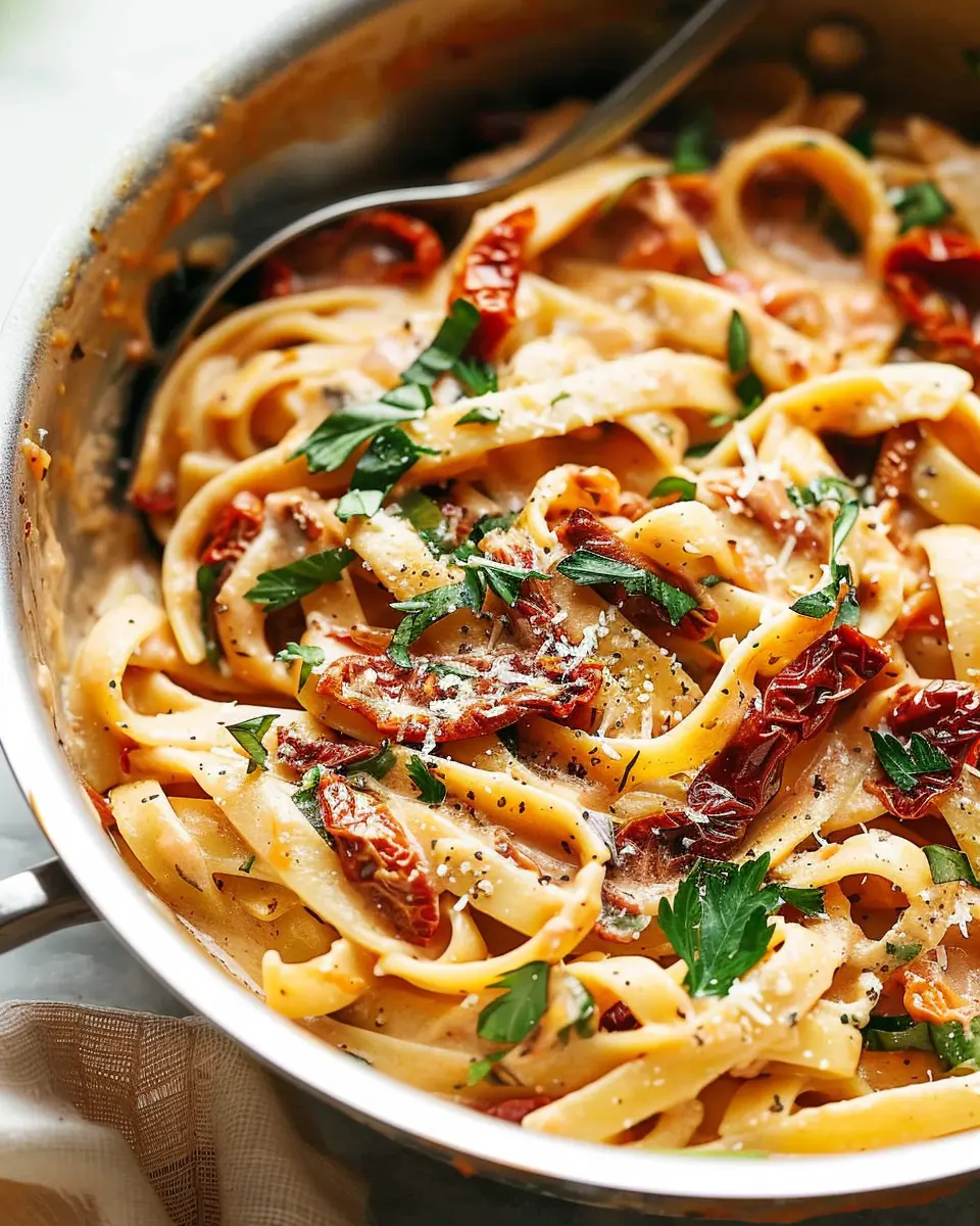 One Pot Creamy Sun-Dried Tomato Pasta with Turkey Bacon Delight