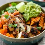 Grilled Adobo Chicken & Sweet Potato Bowls with Jicama Guacamole