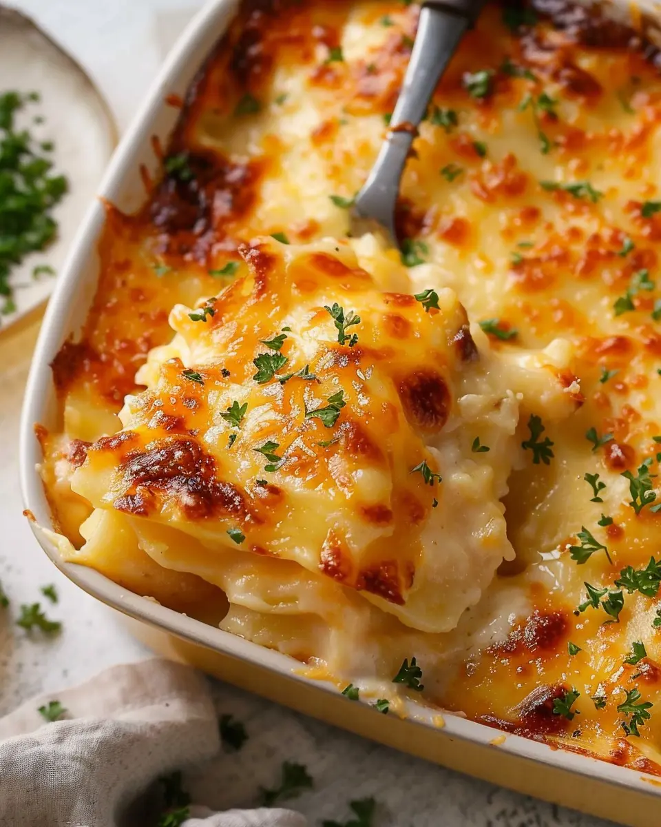 Cheesy Scalloped Potatoes with Turkey Bacon and Chicken Ham Delight