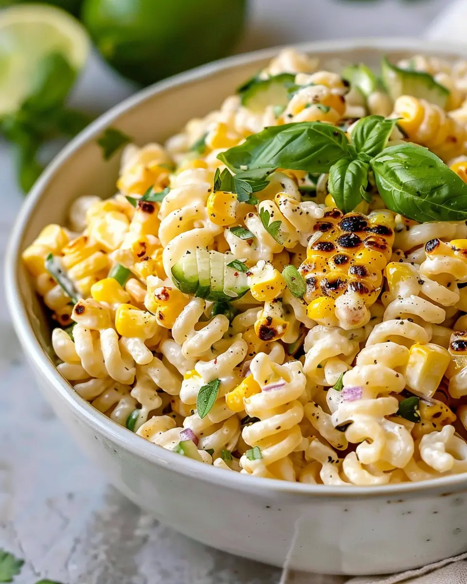 Creamy Street Corn Pasta Salad with Turkey Bacon and Chicken Ham