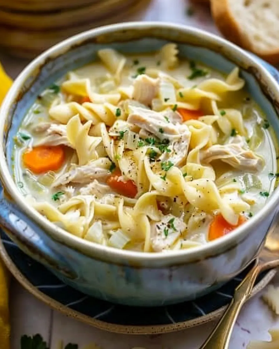Creamy Chicken Noodle Soup with Turkey Bacon for Comforting Flavor