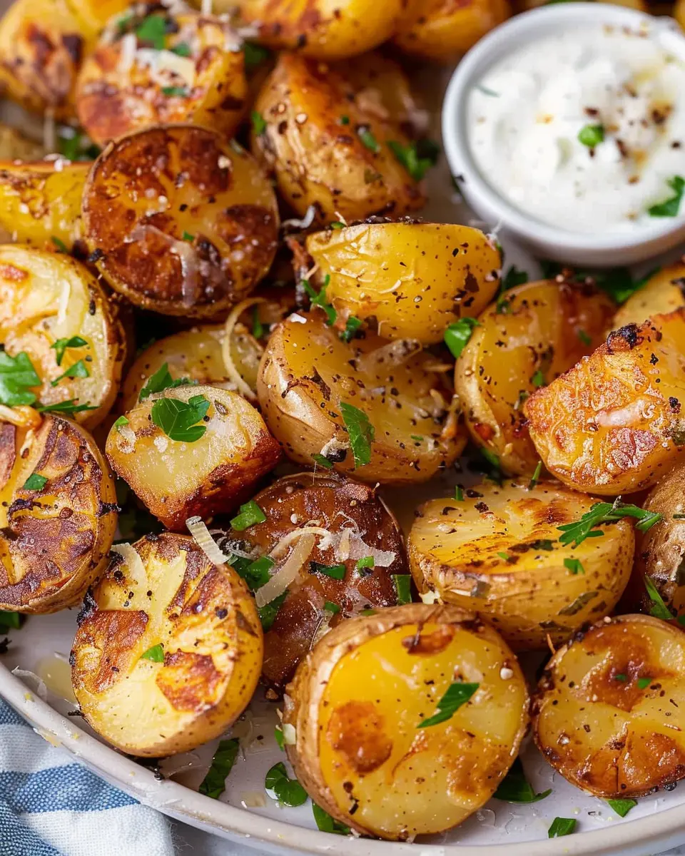 Crispy Parmesan Roasted Potatoes with Garlic, Lemon &amp; Herbs Delight