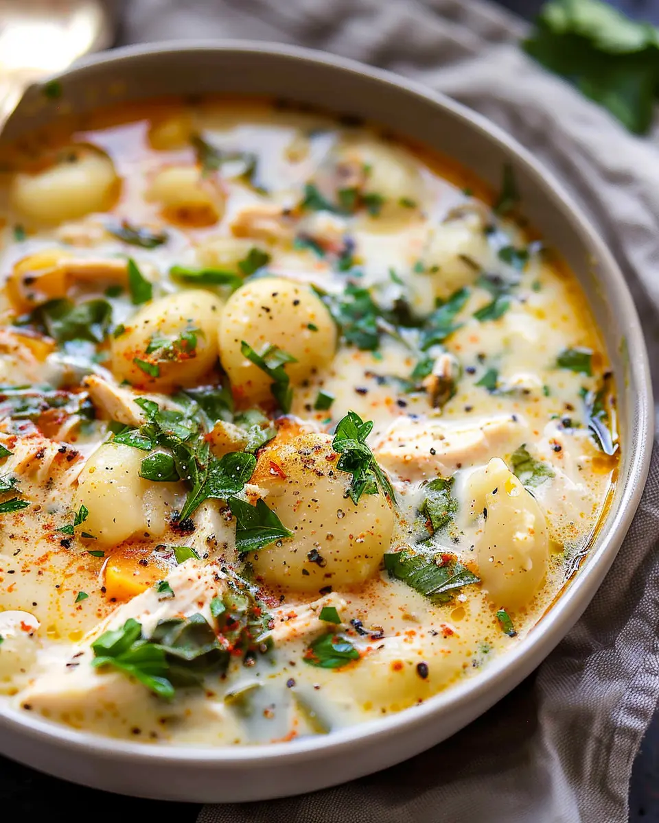Creamy Gnocchi Chicken Soup with Turkey Bacon and Veggies