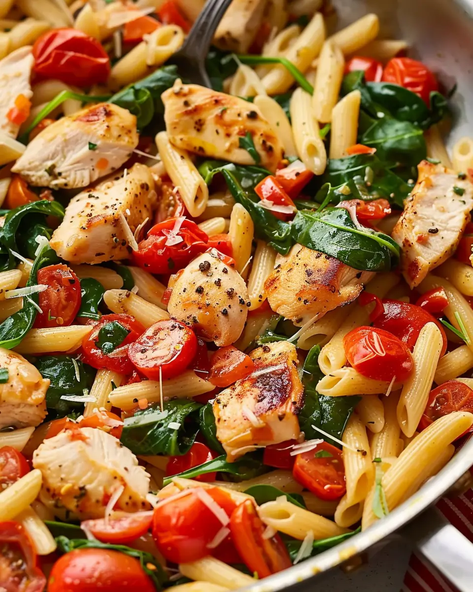 one-pan tomato spinach chicken pasta that’s easy and delicious