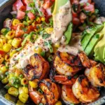 Grilled Shrimp Bowl with Avocado, Corn Salsa & Creamy Garlic Sauce