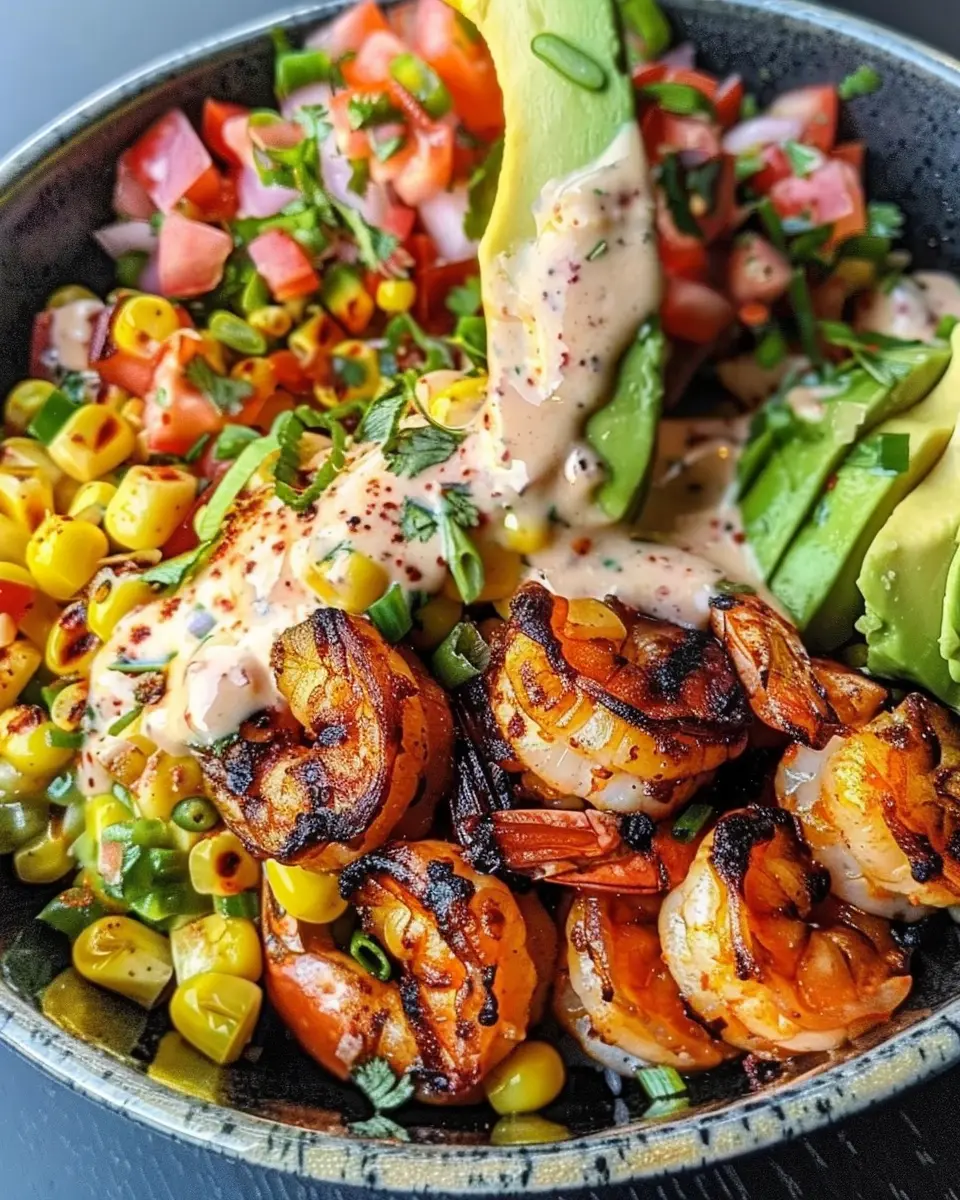 Grilled Shrimp Bowl: Healthy Avocado, Corn Salsa &amp; Creamy Garlic Sauce