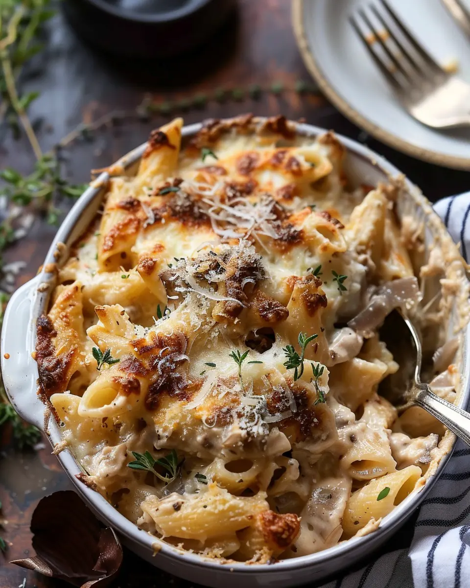 One Pot Creamy French Onion Pasta Bake with Turkey Bacon Delight