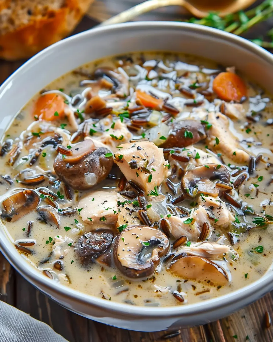 Creamy Mushroom Chicken Soup with Wild Rice and Turkey Bacon Delight