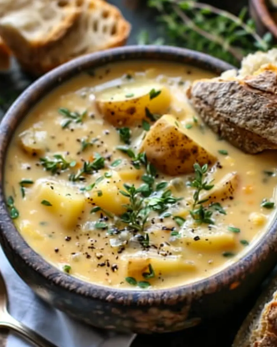 Hearty Cheddar Garlic Herb Potato Soup Recipe with Turkey Bacon