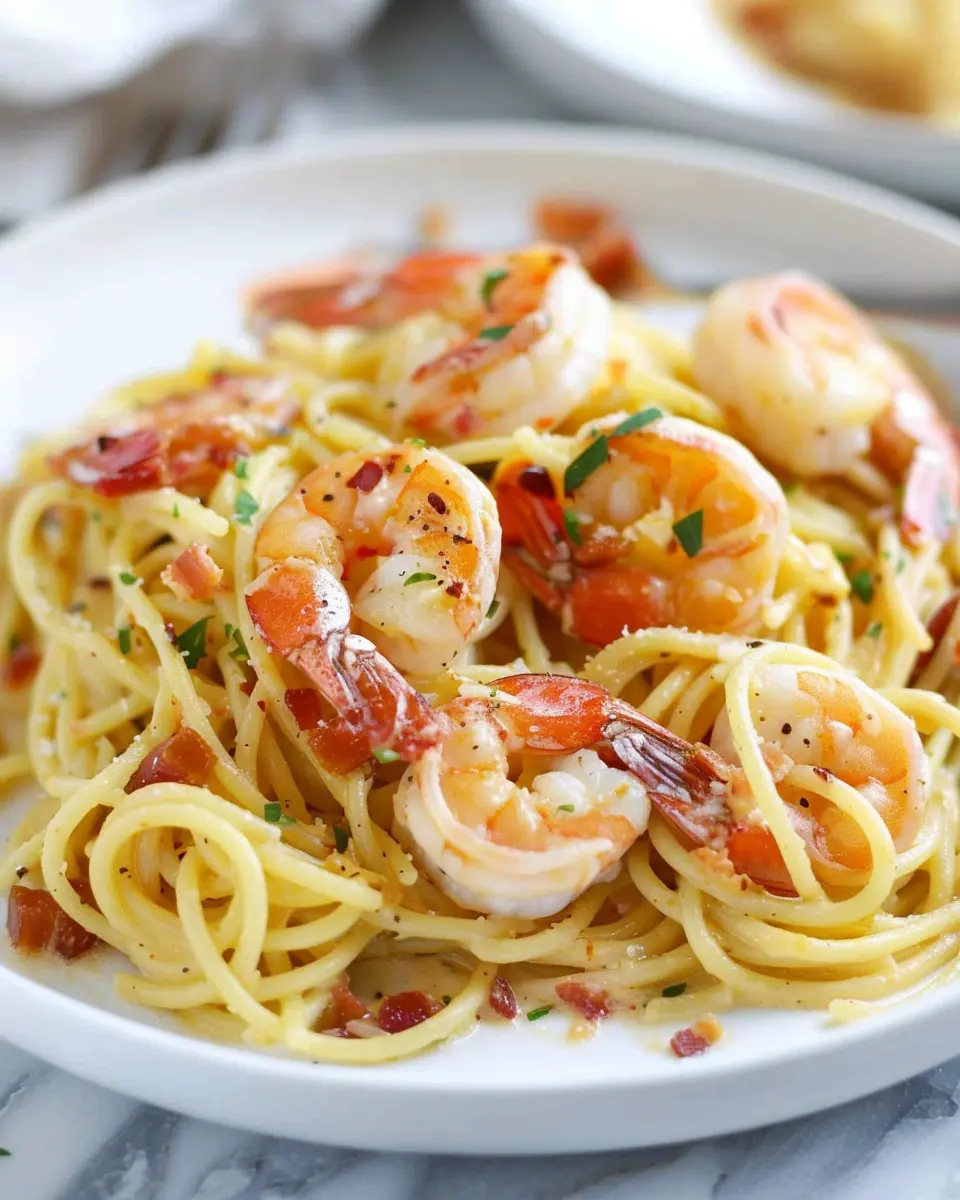 Seriously Good Shrimp Carbonara with Turkey Bacon and Chicken Ham