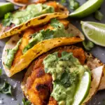 Crispy Cheese Chicken Tacos with Avocado Cilantro Sauce